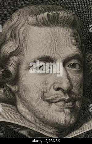 Philipp IV. (1605-1665). König von Spanien (1621-1665) und Portugal (1621-1640). Haus Österreich. Hochformat. Gravur von Masson. Lithographie von Magín Pujadas. Details. Historia General de España, von Modesto Lafuente. Band III Veröffentlicht in Barcelona, 1879. Autor: Magín Pujadas. Spanischer Kupferstecher und Lithograph aus dem 19.. Jahrhundert. Alphonse Masson (1810/14-1898). Französischer Radierer. Stockfoto