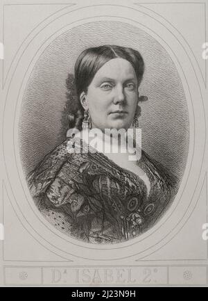 Isabella II. (1830-1904). Königin von Spanien von 1833 bis 1868. Hochformat. Gravur. Historia General de España, von Modesto Lafuente. Band VI. Veröffentlicht in Barcelona, 1882. Stockfoto