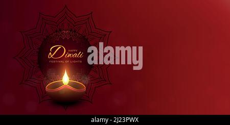 Fröhlicher Diwali-roter Hintergrund mit goldenem Grußtext. Dunkle Mandala Dekoration hinter der Beleuchtung Diya Lampe. Stock Vektor
