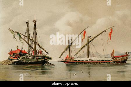 Verlauf der Navigation. Galeeren aus dem 16.. Jahrhundert. Chromolithographie. Historia General de España, von Modesto Lafuente. Band II. Veröffentlicht in Barcelona, 1879. Stockfoto