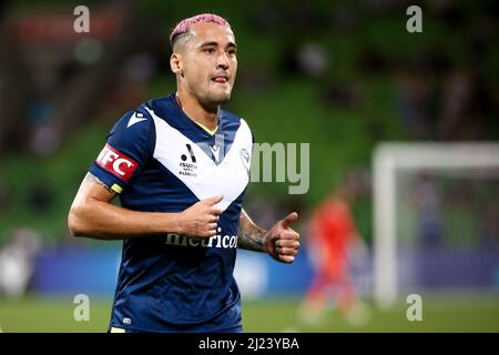 Melbourne, Australien, 27. März 2022. Jason Davidson von Melbourne Victory beim A-League-Fußballspiel zwischen Melbourne Victory und dem Western Sydney Wanderers FC im AAMI Park am 27. März 2022 in Melbourne, Australien. Kredit: Dave Hewison/Alamy Live Nachrichten Stockfoto