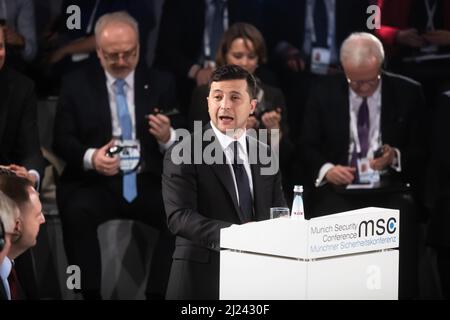 München, Deutschland. 15.. Februar 2020. Präsident der Ukraine, Wolodymyr Zelensky, während der Münchner Sicherheitskonferenz. (Foto von Mykhaylo Palinchak/SOPA Images/Sipa USA) Quelle: SIPA USA/Alamy Live News Stockfoto