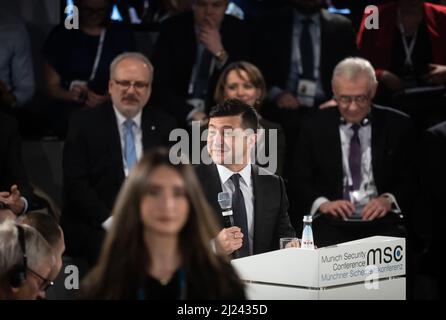 München, Deutschland. 15.. Februar 2020. Präsident der Ukraine, Wolodymyr Zelensky, während der Münchner Sicherheitskonferenz. (Foto von Mykhaylo Palinchak/SOPA Images/Sipa USA) Quelle: SIPA USA/Alamy Live News Stockfoto