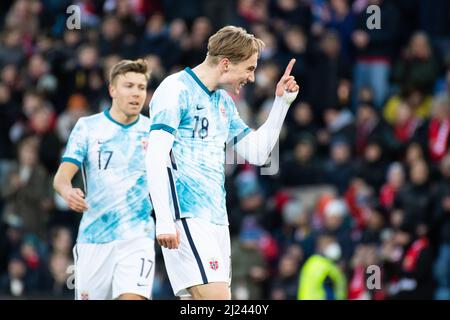 Oslo, Norwegen. 29. März 2022. Kristian Thorstvedt (18) aus Norwegen erzielt beim Fußballfreundschaftsspiel zwischen Norwegen und Armenien im Ullevaal Stadion in Oslo 3-0 Punkte. (Foto: Gonzales Photo/Alamy Live News Stockfoto