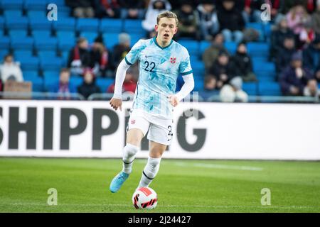 Oslo, Norwegen. 29. März 2022. Marcus Holmgren Pedersen (22) aus Norwegen beim Fußballfreundschaftsspiel zwischen Norwegen und Armenien im Ullevaal Stadion in Oslo. (Foto: Gonzales Photo/Alamy Live News Stockfoto