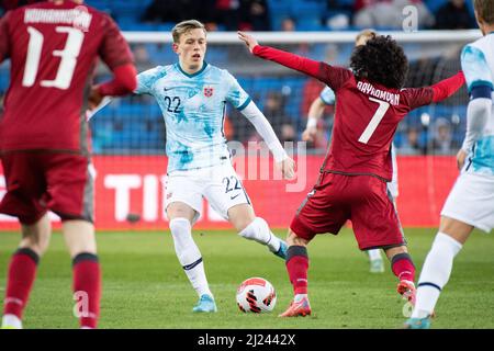 Oslo, Norwegen. 29. März 2022. Marcus Holmgren Pedersen (22) aus Norwegen beim Fußballfreundschaftsspiel zwischen Norwegen und Armenien im Ullevaal Stadion in Oslo. (Foto: Gonzales Photo/Alamy Live News Stockfoto