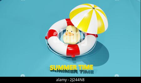 3D Render. Sommer marine Zusammensetzung. Gummiente. lifebuoy. Sonnenschirm. 3D Abbildung Stockfoto