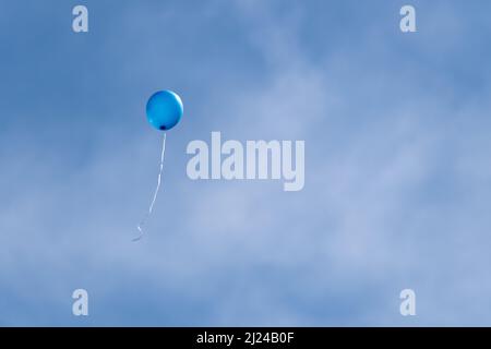 Blaue Helium gefüllte Partyballons schweben in den Himmel Stockfoto