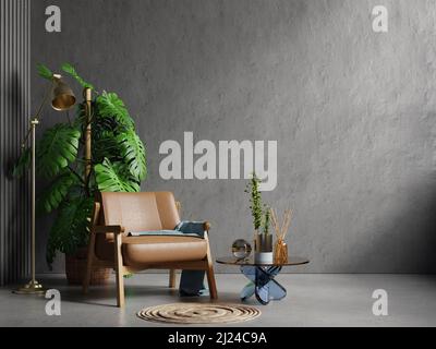 Wohnzimmer-Innenausstattung im Loft-Stil mit Ledersessel auf leerem Betonwandhintergrund.3D Rendering Stockfoto