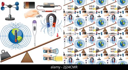 Nahtloser Hintergrund mit Magnet- und Batterieabbildung Stock Vektor