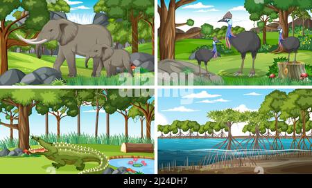 Szenen mit wilden Tieren in Wald Illustration Stock Vektor