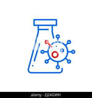 Symbol für Forschung im Coronavirus-Impfstofflabor oder Bluttests. Covid-Molekül über einem Laborkolben. Pixelgenaue, bearbeitbare Kontur. Stock Vektor