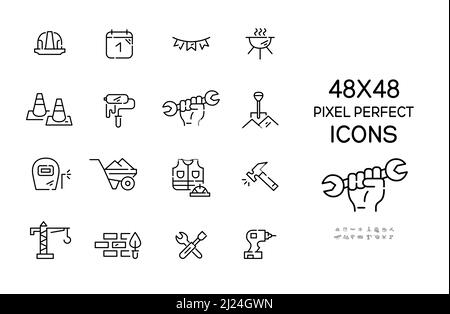 Feier des Arbeitstages und Symbole der Arbeitereinheit. Bauhut, bbq, Hammer und andere. Pixel Perfect, bearbeitbare Kontur 48 x 48 Symbole Stock Vektor