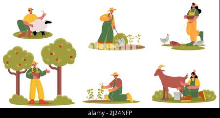 Menschen, die Landwirtschaft und Gartenarbeit betreiben. Charaktere, die Geflügel füttern, Ziegen melken, Schafe scheren, Pflanzen und ernten. Farmers Working with Cattle on Livestock, Linienkunst flache Vektorgrafik Stock Vektor