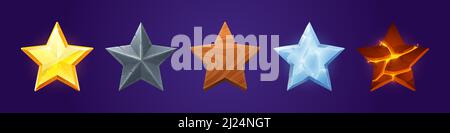 Stars Spiel Score Elemente, UI, ux oder gui bewerten Vermögenswerte Gold, Metall, Holz, Eiskristall und Lava Textur für App-Benutzeroberfläche und Display, Gewinner Leistung, Bonus Cartoon Vektor Illustration, Symbole Stock Vektor