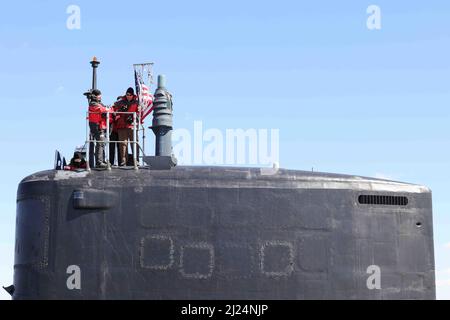 Wilmington, DE, USA. 29. März 2022. Das U-Boot der Virginia-Klasse USS Delaware kommt am Dienstag, den 29. März 2022, im Hafen von Wilmington in Wilmington, DE, an. (Bild: © Saquan Stimpson/ZUMA Press Wire) Stockfoto