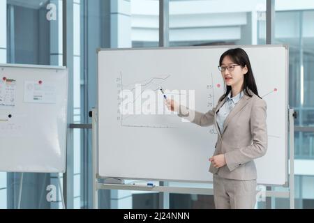 Junge, selbstbewusste asiatische Lehrerin zeigt auf das Whiteboard, während sie während der Präsentation die Finanzdaten des Publikums erläutert Stockfoto