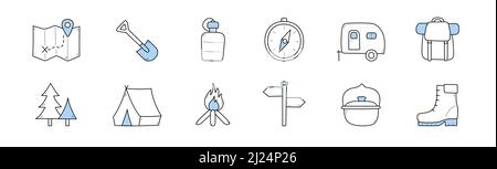 Sommercamp-Ikonen mit Zelt, Rucksack, Karte, Kompass und Feuer. Vektor-Set von handgezeichneten Symbolen für Wanderausrüstung, Lagerfeuer, Anhänger, Schaufel, Schuhe, bowler und Wegweiser Stock Vektor