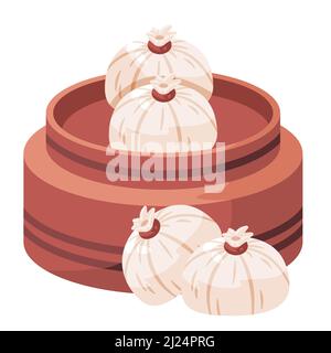 Knödel bao Dim Sum gefüllt traditionellen chinesischen asiatischen Brötchen Brot Lebensmittel Zeichnung Illustration Stock Vektor