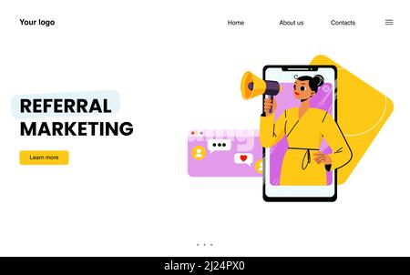 Werbebanner. Geschäftsstrategie des Affiliate-Programms und der Partnerschaft. Vektor-Landing-Page mit flacher Abbildung des Mobiltelefons mit Frau mit Megaphon Freunde empfehlen Stock Vektor