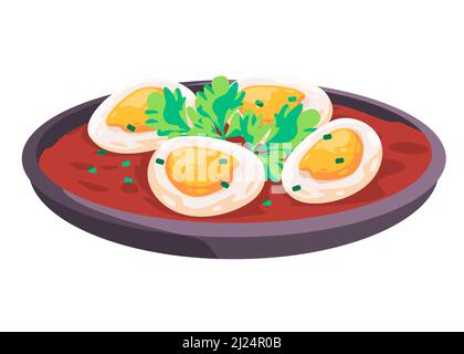 Shakshuka pochiertes Ei traditionelle Middle East Nort africa Food drawing Illustration Stock Vektor
