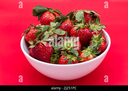 Frische Erdbeere in einer Schale isoliert auf rotem Hintergrund. Stockfoto
