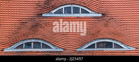 Augenähnliche Fenster in einem gefliesten Dach Stockfoto