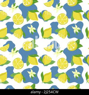 Nahtloses Muster aus hellen Zitronen, handgezeichneten Elementen. Sommer. Gelbe Zitronen mit Blättern und Blumen auf weißem Hintergrund. Limonade. Geeignet für Stock Vektor