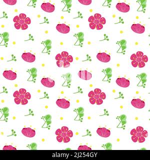 Nahtloses Muster aus hellen Farben, handbemalten Elementen. Feder. Rosa Blüten. Vektor im Cartoon-Stil. Blüten, Knospen und Blätter auf einem weißen Stock Vektor