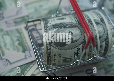 In einen Schlauch gerollte Dollars liegen in einem Einkaufskorb. Der Korb steht auf einem verschwommenen Geldhintergrund. Stockfoto