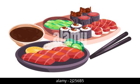 Sushi Sashimi Tunasalmon Set traditionelle japanische asiatische Lebensmittel Zeichnung Illustration Stock Vektor