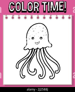 Arbeitsblattschablone mit Farbtext und Quallen-Umriss-Illustration Stock Vektor