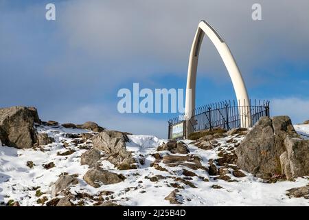 Ein verschneite Tag auf dem Gipfel des North Berwick Law, East Lothian, Schottland Stockfoto