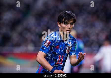 Japans Takefusa Kubo während der FIFA Fußball-Weltmeisterschaft Katar 2022 Asian Qualifier Dritte Runde Gruppe B Spiel zwischen Japan 1-1 Vietnam im Saitama Stadium 2002 in Saitama, Japan, 29. März 2022. (Foto von Naoyoshi Sueishi/AFLO) Stockfoto