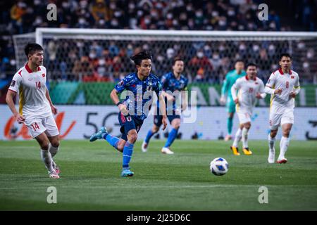 Japans Takefusa Kubo während der FIFA Fußball-Weltmeisterschaft Katar 2022 Asian Qualifier Dritte Runde Gruppe B Spiel zwischen Japan 1-1 Vietnam im Saitama Stadium 2002 in Saitama, Japan, 29. März 2022. (Foto von Naoyoshi Sueishi/AFLO) Stockfoto