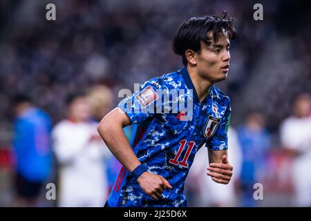 Japans Takefusa Kubo während der FIFA Fußball-Weltmeisterschaft Katar 2022 Asian Qualifier Dritte Runde Gruppe B Spiel zwischen Japan 1-1 Vietnam im Saitama Stadium 2002 in Saitama, Japan, 29. März 2022. (Foto von Naoyoshi Sueishi/AFLO) Stockfoto