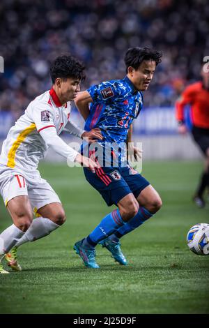 Japans Takefusa Kubo während der FIFA Fußball-Weltmeisterschaft Katar 2022 Asian Qualifier Dritte Runde Gruppe B Spiel zwischen Japan 1-1 Vietnam im Saitama Stadium 2002 in Saitama, Japan, 29. März 2022. (Foto von Naoyoshi Sueishi/AFLO) Stockfoto