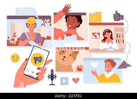 Videoanruf, sprach-Chat mit Nachrichten von Familie und Freunden, Personen in Online-Konferenzen Stock Vektor