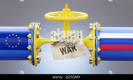 Öl- und Gassanktionen der EU in Europa und Russland, Stand-off und Krieg. Gequetschte Gasleitung symbolisiert das LNG-Embargo, die Krise und bevorstehende Preiserhöhungen., 3D illu Stockfoto