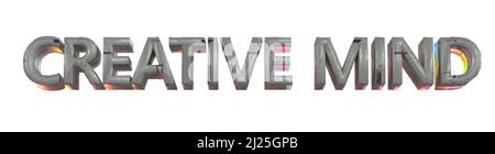 3D Text Creative Mind - Metallic Silver Text in psychedelischen Farben mit technologischen Mustern Stockfoto
