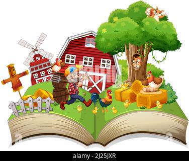 Öffnen Sie Buch Bauernhof Thema auf weißem Hintergrund Illustration Stock Vektor