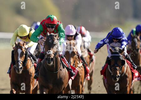 Fileboto vom 20-04-2021 von Diligent Harry, gefahren von Adam Kirby (grün/rot), gewinnt die Ladbrokes 3 Year Old All-Weather Championships Conditions Stakes. Clive Cox sucht den fleißigen Harry, um auf seinem Wiedererscheinen aufzubauen und seine Präsenz in den Top-Sprints dieser Saison spürbar zu machen. Ausgabedatum: Mittwoch, 30. März 2022. Stockfoto