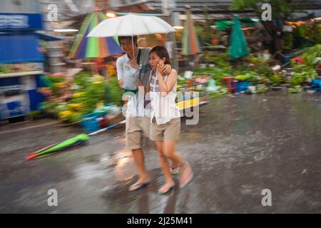 Bangkok, Thailand - 10. Mai 2009: Menschen in Starkregen auf dem Markt jatujak unter einem Regenschirm in der Regenzeit. Stockfoto