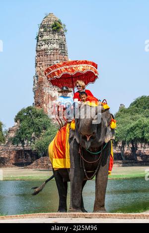 Ayutthaya, Thailand - 24. Dezember 2009: Mahout reitet mit Touristen auf seinem Elefanten im Tempelgebiet von Ayutthaya. Stockfoto