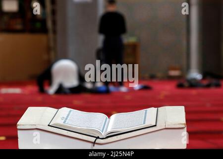 Gebetsraum und offener Koran in der Genfer Moschee. Stockfoto