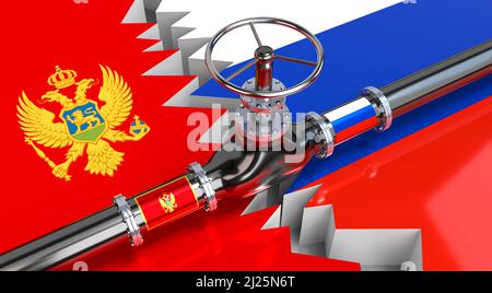 Gaspipeline, Flaggen von Montenegro und Russland - 3D Abbildung Stockfoto