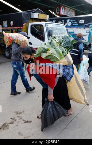 Frau mit einer großen Tüte Gemüse auf dem Markt am Stadtrand von Riobamba, Ecuador Stockfoto