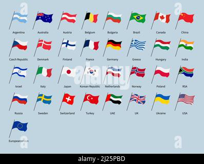 Winkende Flaggen von Ländern gesetzt. Weltflaggen verschiedener Staaten Europas, Asiens, Amerikas, Australiens und Afrikas. Isolierte Symbole der Europäischen Union Stock Vektor