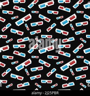 Musterpapier 3D Gläser. Vektor nahtloser dunkler Hintergrund mit Anaglyphen-Gläsern von 90s. Abbildung mit flachem Muster. Stock Vektor