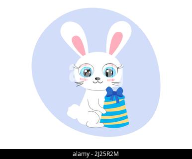 Niedliche Cartoon-Kaninchen mit großen Augen und bunte Geschenkbox. Lustige Hasenfigur sitzt und lächelt. Symbol von 2023. Vektorgrafik flach. Stock Vektor